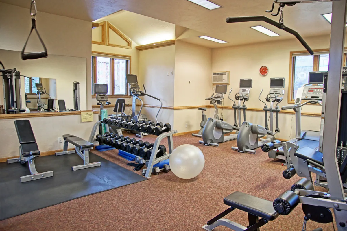 A modern fitness center interior with a dumbbell rack, various exercise machines, an exercise ball, and a mirrored wall, offering a focused and energetic atmosphere for personal workouts or fitness routines.